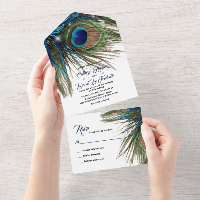 Navy Turquoise Peacock Feather Boho Wedding  All In One Invitation (Tearaway)