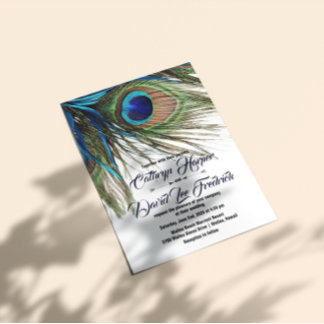 Navy Turquoise Peacock Feather Boho Wedding Invite