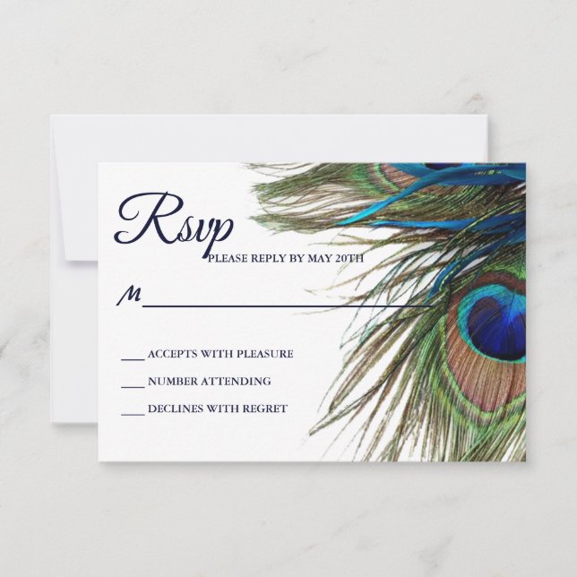 Navy Turquoise Peacock Feather Boho Wedding RSVP (Front)