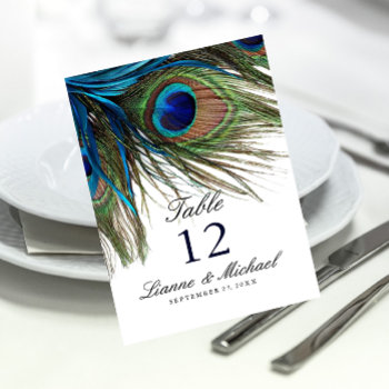 Navy Turquoise Peacock Feather Wedding Table Card by riverme at Zazzle
