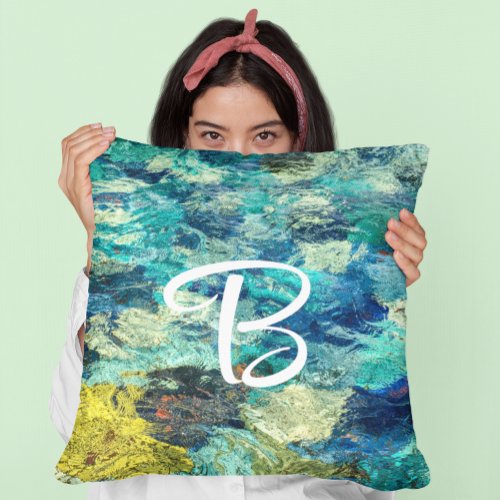 Navy Turquoise Teal Abstract Paint Monogram Throw Pillow