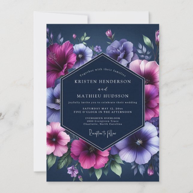 Navy Twilight Bloom Wedding Invitation (Front)