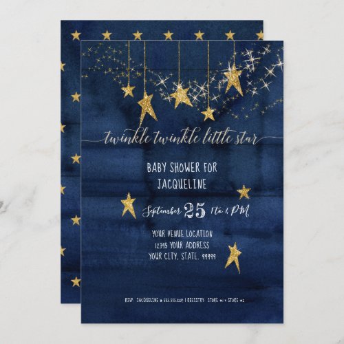 Navy Twinkle Little Star Gold Boy Baby Shower Invitation