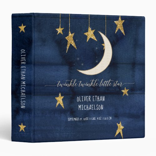 Navy Twinkle Little Star Wood Gold Boy Baby Book 3 Ring Binder