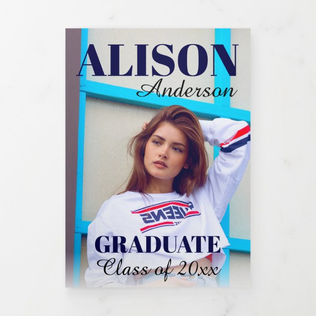 Navy typography Class of 2025  graduation photo Tri-Fold Announcement (Cover)