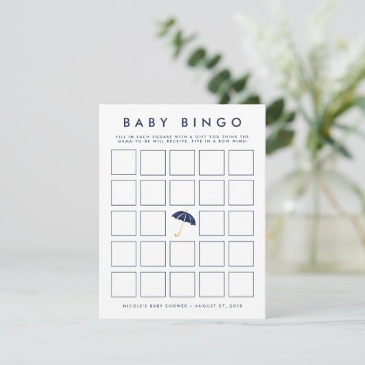 Navy Umbrella | Baby Shower Bingo Game Card (Standing Front)