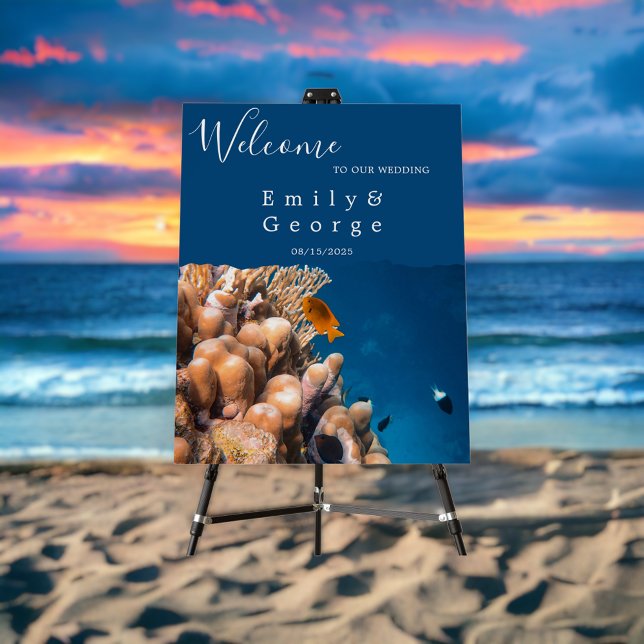 Navy Underwater Fish Reefs Coastal Wedding Welcome Foam Board (Creator Uploaded)