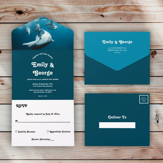 Navy Underwater Playful Dolphins Sea Beach Wedding All In One Invitation (Creator Uploaded)