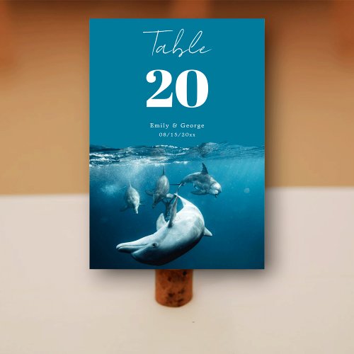Navy Underwater Playful Dolphins Sea Beach Wedding Table Number
