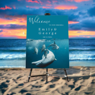 Navy Underwater Playful Dolphins Wedding Welcome Foam Board