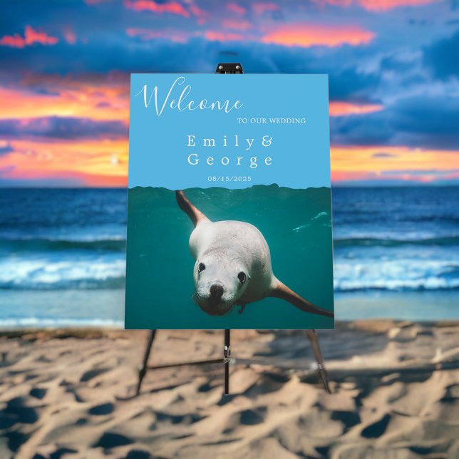Navy Underwater Sea Lion Coastal Wedding Welcome Foam Board (Creator Uploaded)
