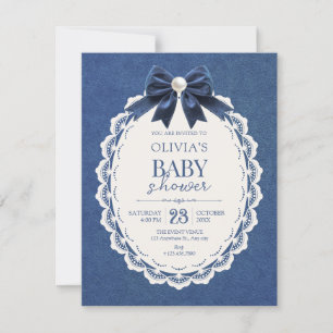 Navy velvet bow vintage elegant baby shower invitation