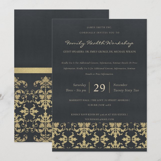 NAVY VELVET GOLD DAMASK CLASSIC WORKSHOP EVENT INVITATION (Front/Back)