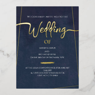 Navy Velvet  Gold Foil Calligraphy Wedding Invitation Postcard