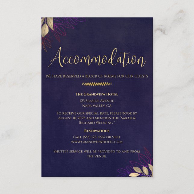 Navy Velvet Luxe Wedding Accommodation & Details  Enclosure Card (Front)