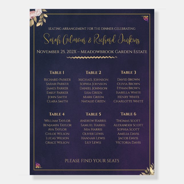 Navy Velvet Luxe Wedding Seating Chart Foam Board (Front)