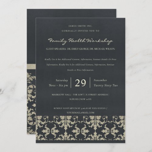 NAVY VELVET SILVER DAMASK CLASSIC WORKSHOP EVENT INVITATION