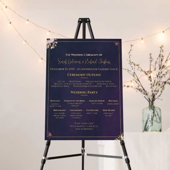 Navy Velvet Wedding Program Board – Double-Sided (In Situ (Stand))