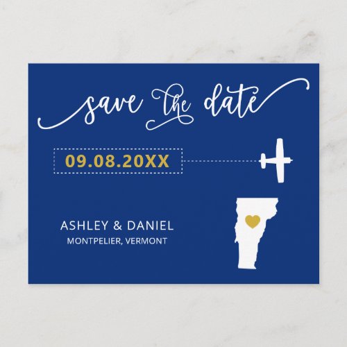 Navy Vermont Wedding Save the Date Map Postcard