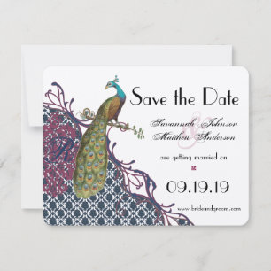 Navy & Very Berry Elegant Damask Peacock Wedding Save The Date