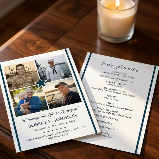 Navy Veteran 4 Photo Collage Double-sided Funeral Invitation (Double sided Order of Service funeral program 4 photos - designed for Navy Veteran or ex-serviceman)