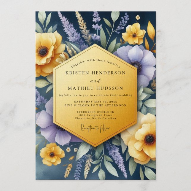 Navy Vibrant Wildflower Wedding Invitation (Front)