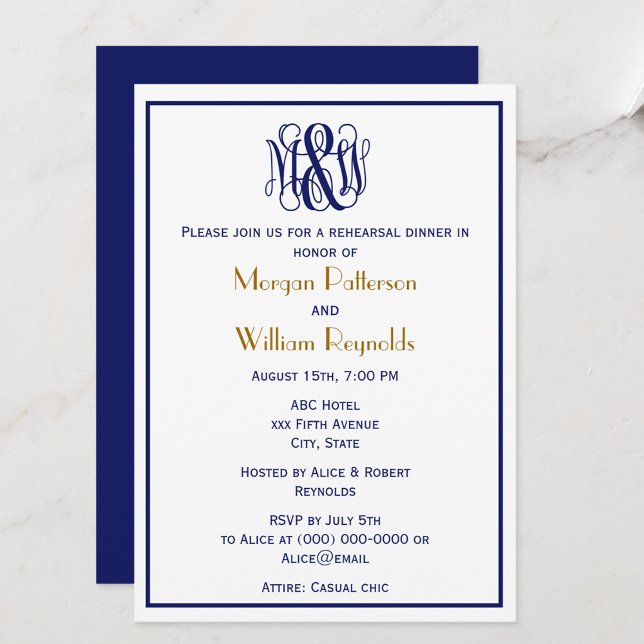 Navy Vine Script Monogram B&G DIY BG Rehearsal Invitation (Creator Uploaded)