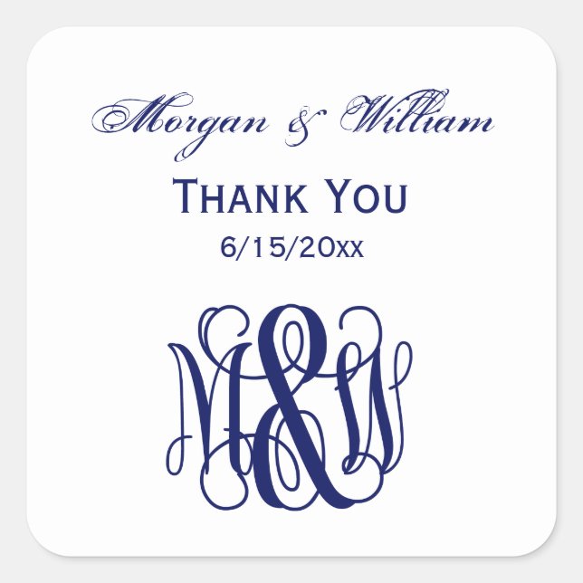 Navy Vine Script Monogram B&G DIY BG Square Sticker (Front)