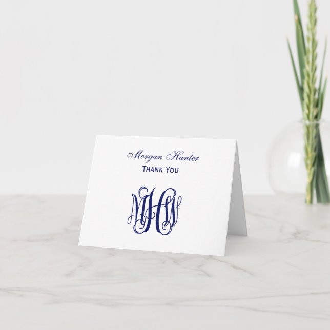 Navy Vine Script Monogram DIY BG Letterpress Thank You Card (Front)