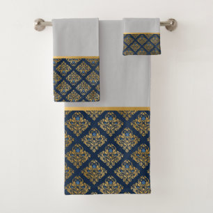 NAVY VINTAGE ABSTRACT GREY GOLD BATHROOM TOWEL SET