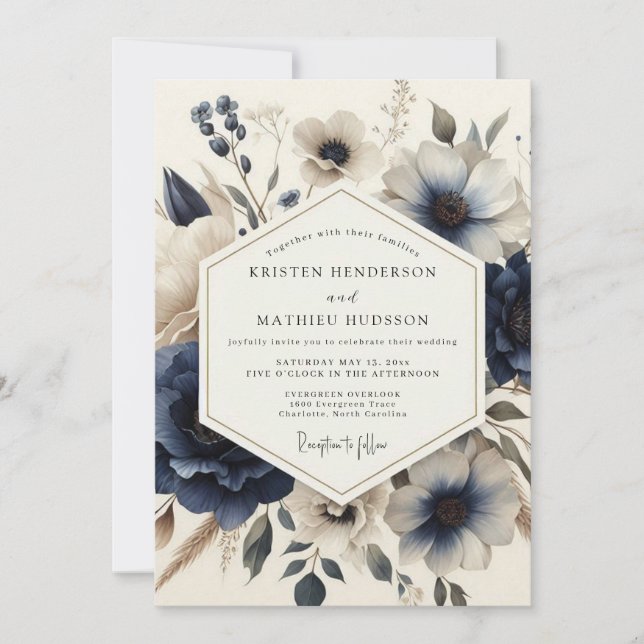 Navy Vintage Blossom Wedding Invitation (Front)