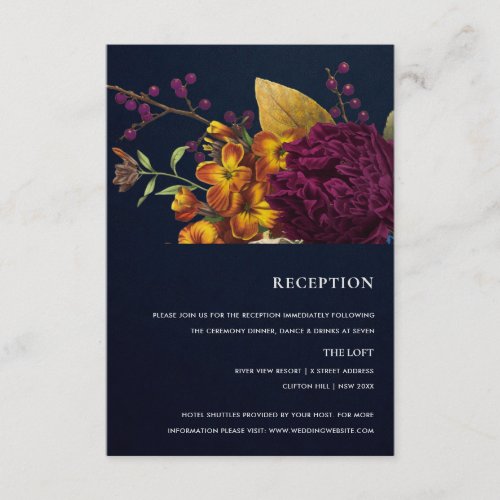 NAVY VINTAGE BURGUNDY FLORAL WEDDING RECEPTION ENCLOSURE CARD