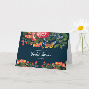 Navy Vintage Colorful Peony Butterfly Bridal Card