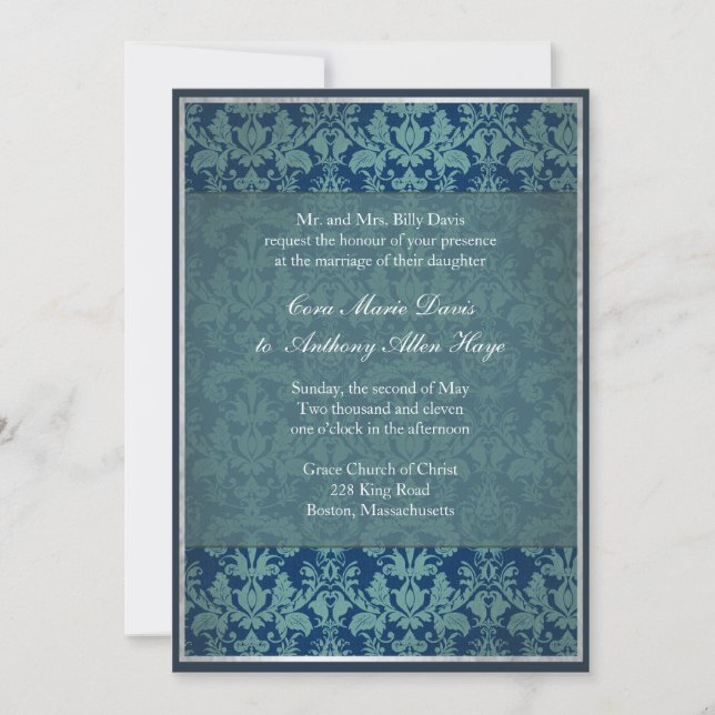 Navy Vintage Damask Wedding Invitation (Front)
