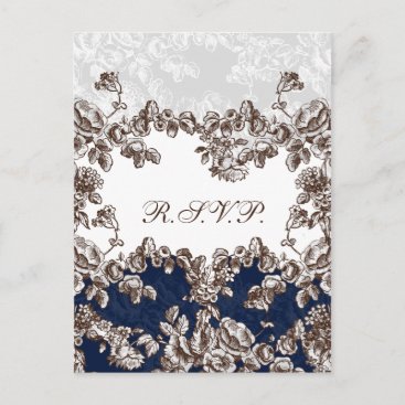 Navy Vintage Floral Wedding Invitation Postcard