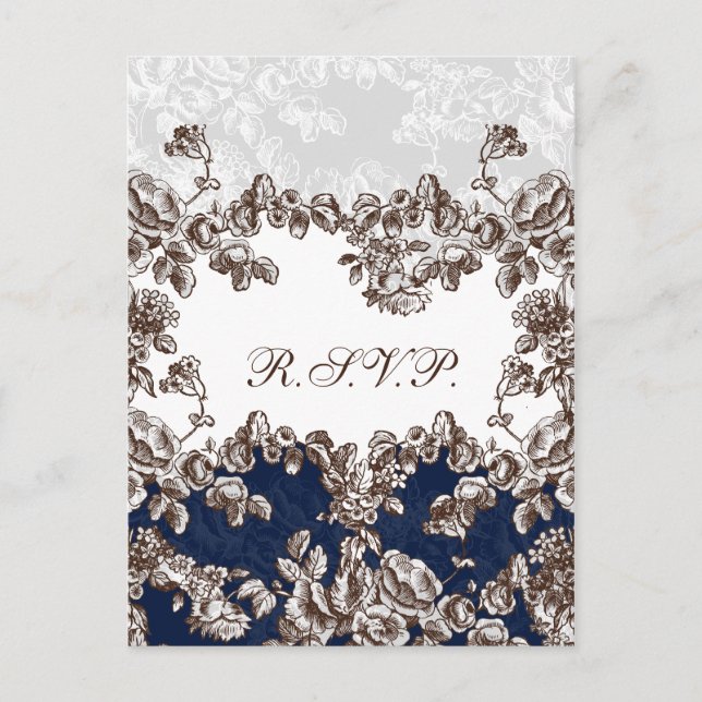 Navy Vintage Floral Wedding Invitation Postcard (Front)