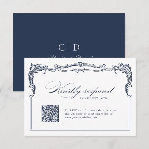 Navy Vintage Frame Classic Script QR code wedding RSVP Card