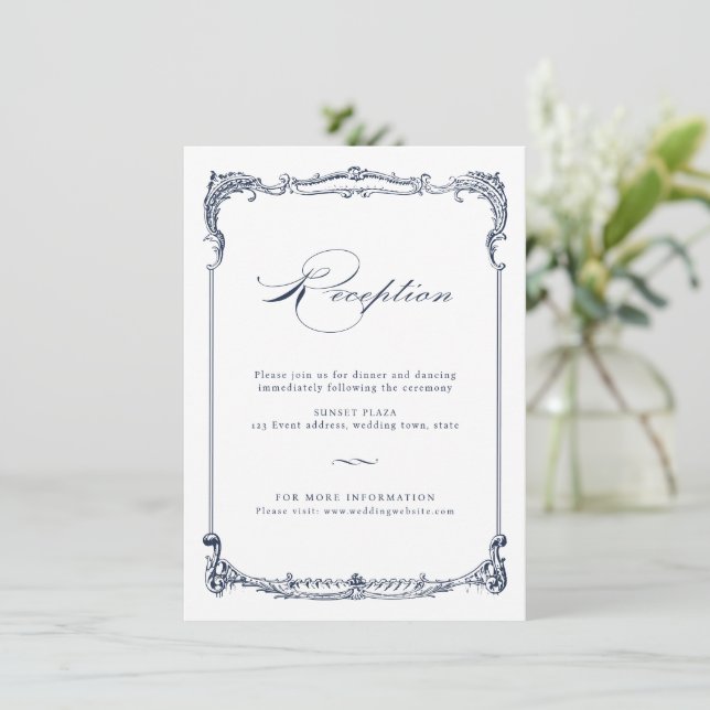 Navy Vintage Frame Classic Script Reception Note Card (Standing Front)
