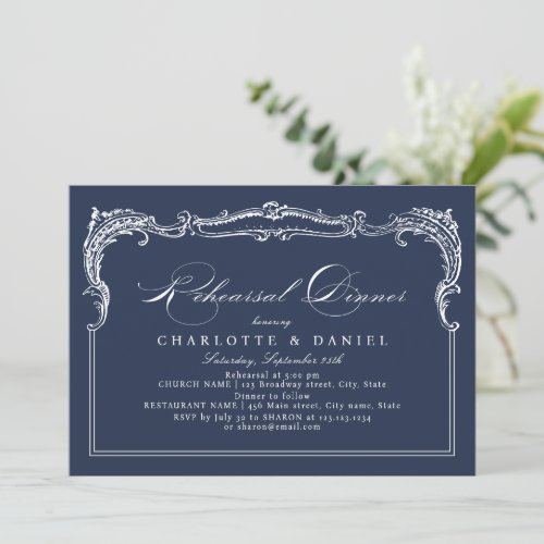Navy Vintage Frame Classic Script Rehearsal Dinner Invitation