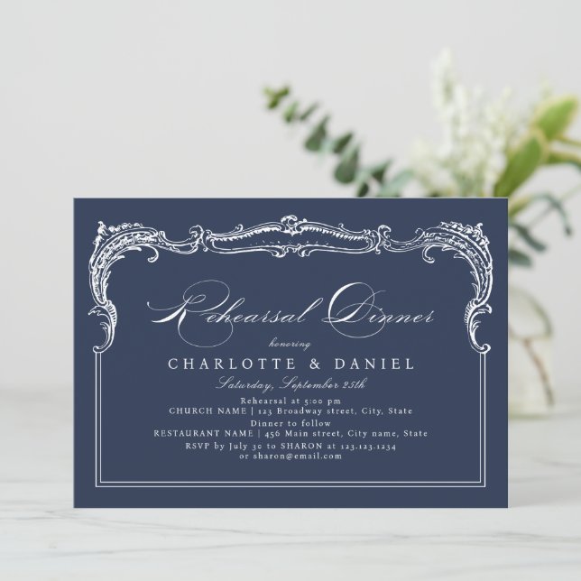 Navy Vintage Frame Classic Script Rehearsal Dinner Invitation (Standing Front)