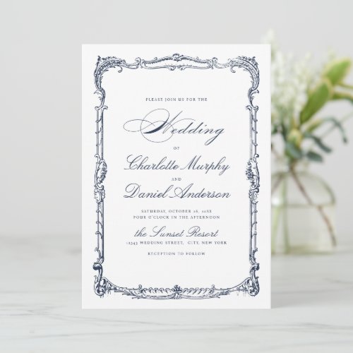 Navy Vintage Frame Classic Script Simple Wedding Invitation