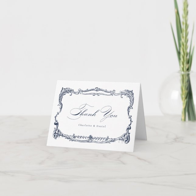 Navy Vintage Frame Classic Script  Thank You Card (Front)