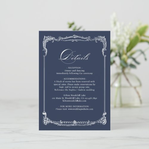Navy Vintage Frame Classic Script Wedding Details Note Card