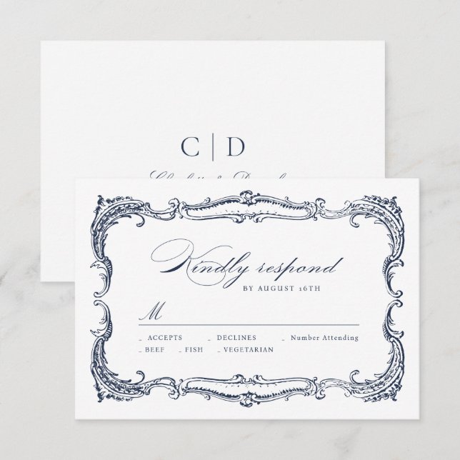 Navy Vintage Frame Classic Script Wedding RSVP Card (Front/Back)