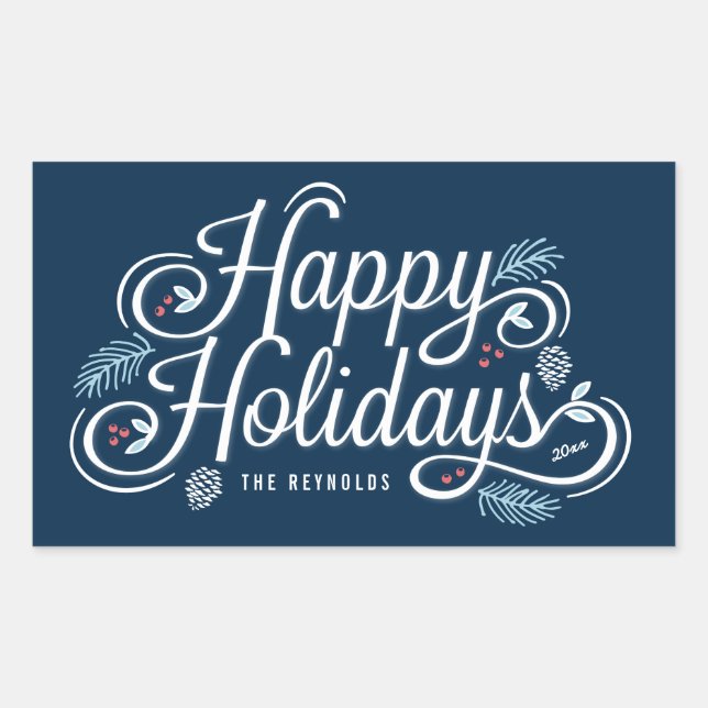 Navy Vintage Happy Holidays Rectangle Stickers (Front)