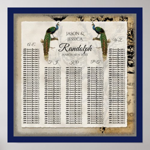 Navy Vintage Peacock 6 _ Reception Table Seating Poster