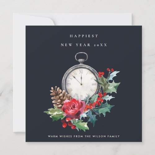 NAVY VINTAGE RED GREEN HOLLY BERRY NEW YEAR CLOCK HOLIDAY CARD