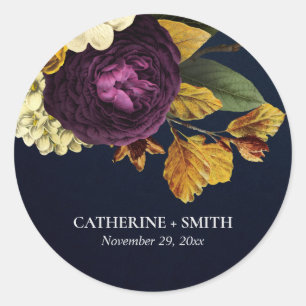 NAVY VINTAGE RETRO BURGUNDY FALL FLORAL WEDDING CLASSIC ROUND STICKER