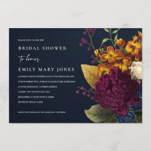 NAVY VINTAGE RETRO BURGUNDY FLORAL BRIDAL SHOWER INVITATION