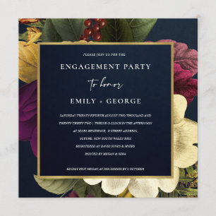 NAVY VINTAGE RETRO BURGUNDY FLORAL ENGAGEMENT INVITATION